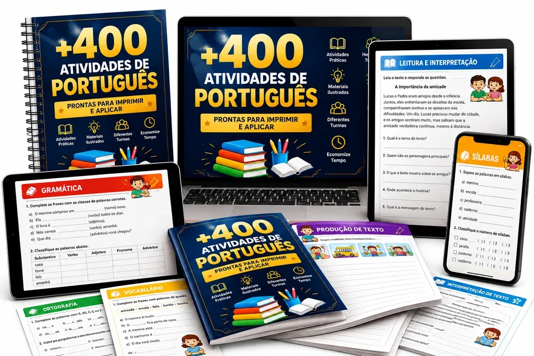 Mockup do kit com mais de 400 atividades de Português