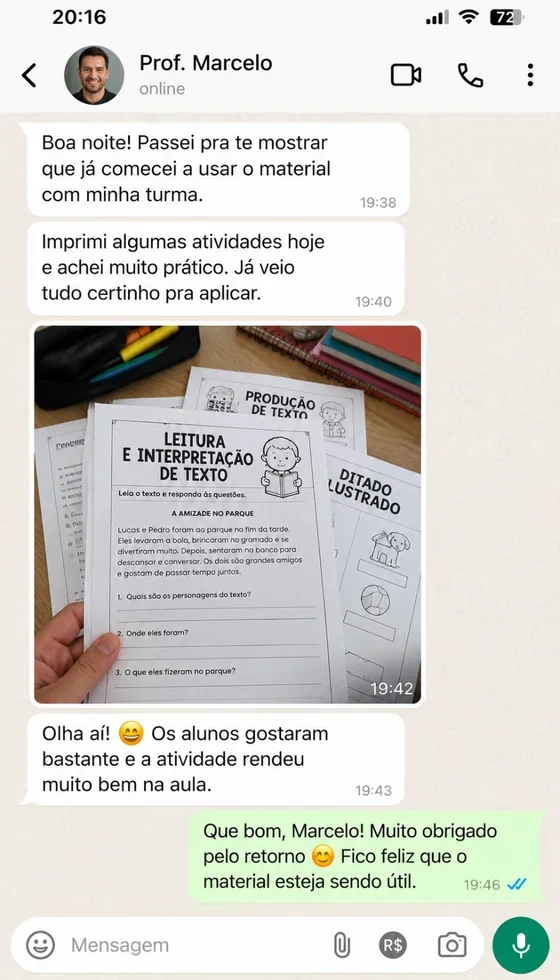 Conversa ilustrativa com Marcelo sobre o uso do kit; simulação, não depoimento real
