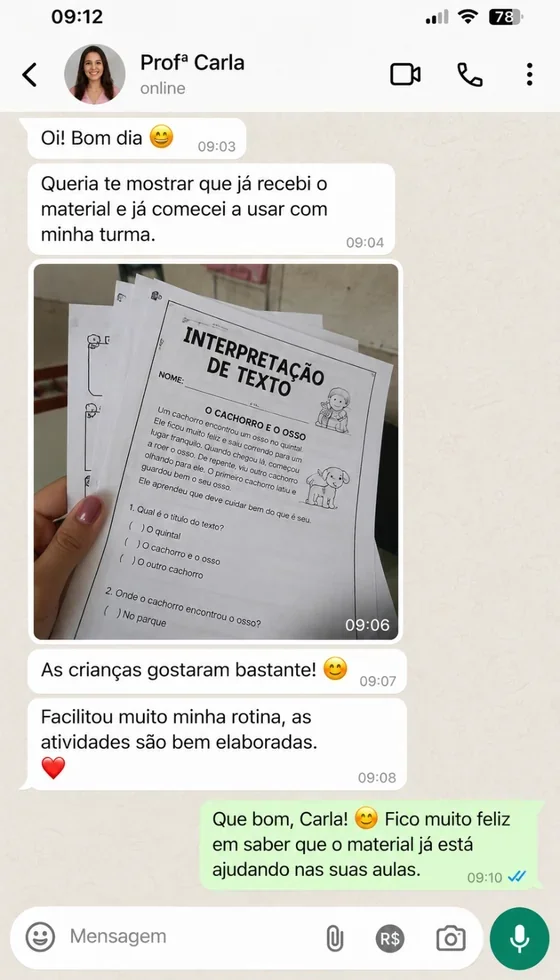 Conversa ilustrativa com Carla sobre o uso do kit; simulação, não depoimento real