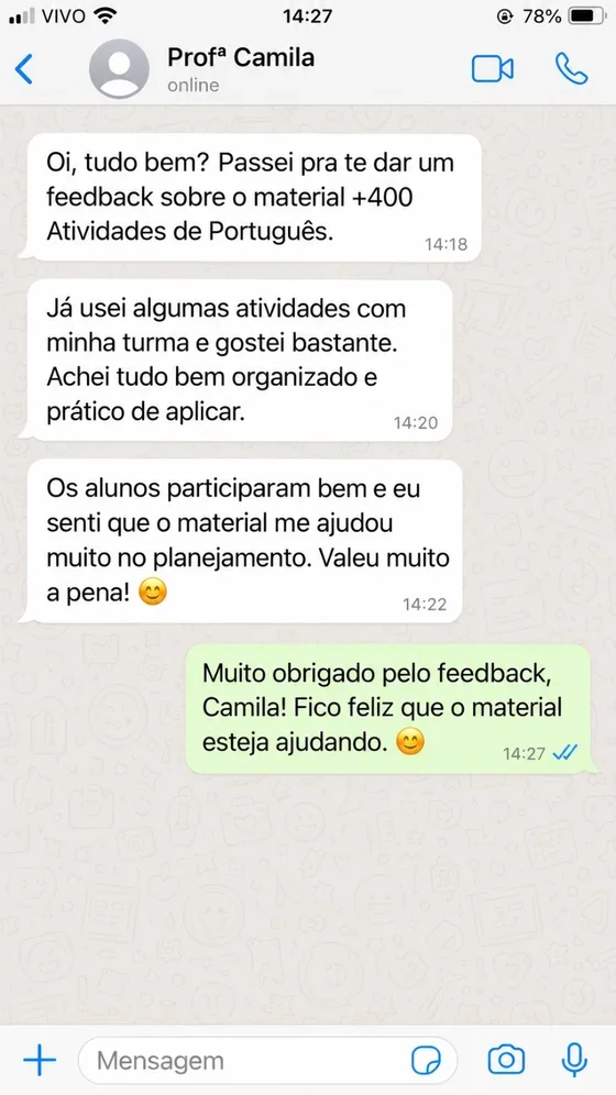 Conversa ilustrativa com Camila sobre o uso do kit; simulação, não depoimento real