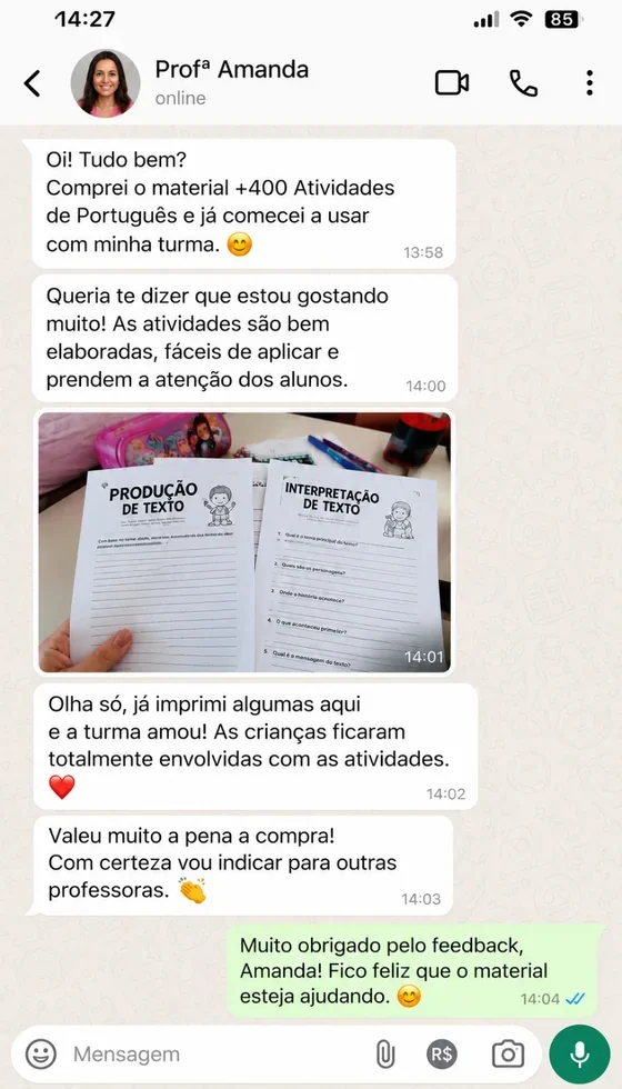 Conversa ilustrativa com Amanda sobre o uso do kit; simulação, não depoimento real