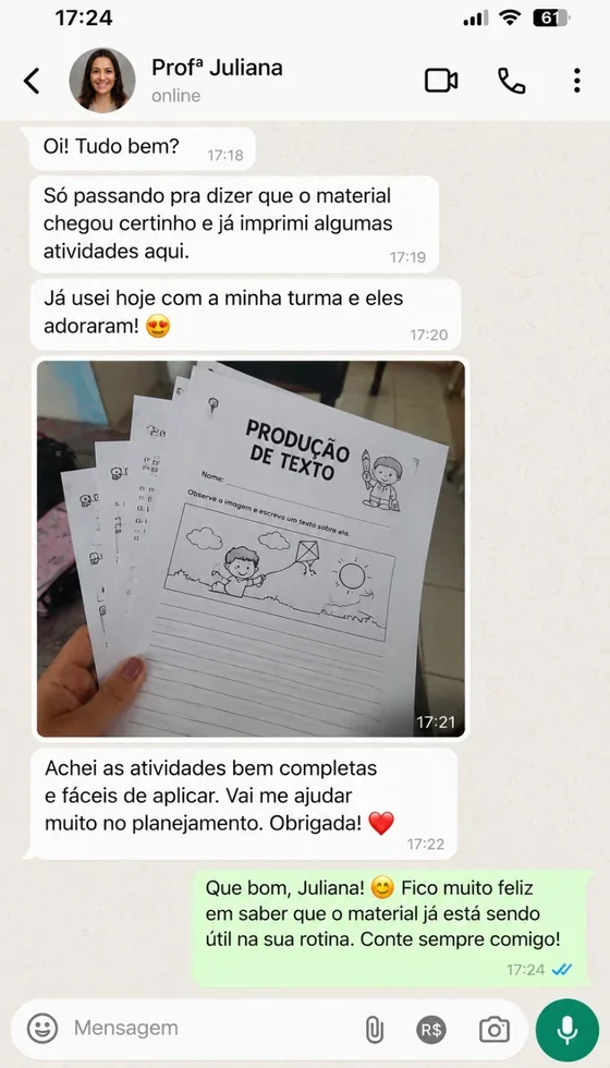 Conversa ilustrativa com Juliana sobre o uso do kit; simulação, não depoimento real